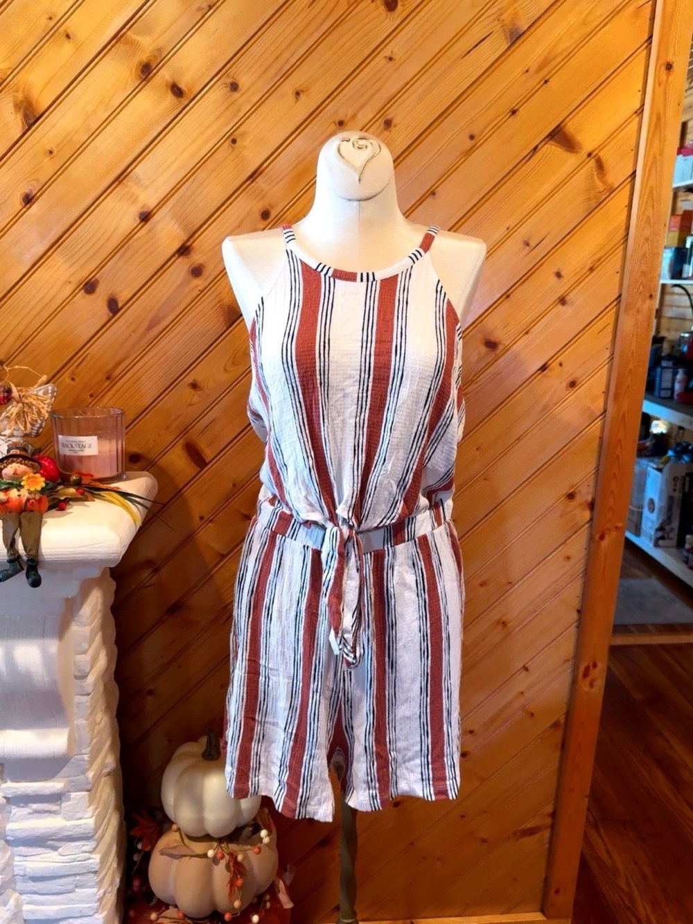 Love Tree Striped Halter Romper Size L Tie Waist Boho Summer Boutique
